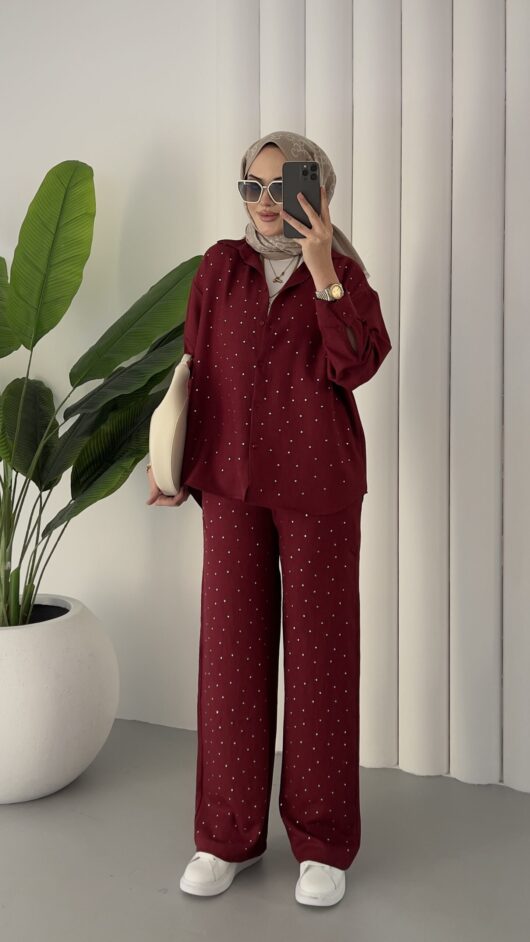 Shine Keten Taşlı İkli Takım – Bordo